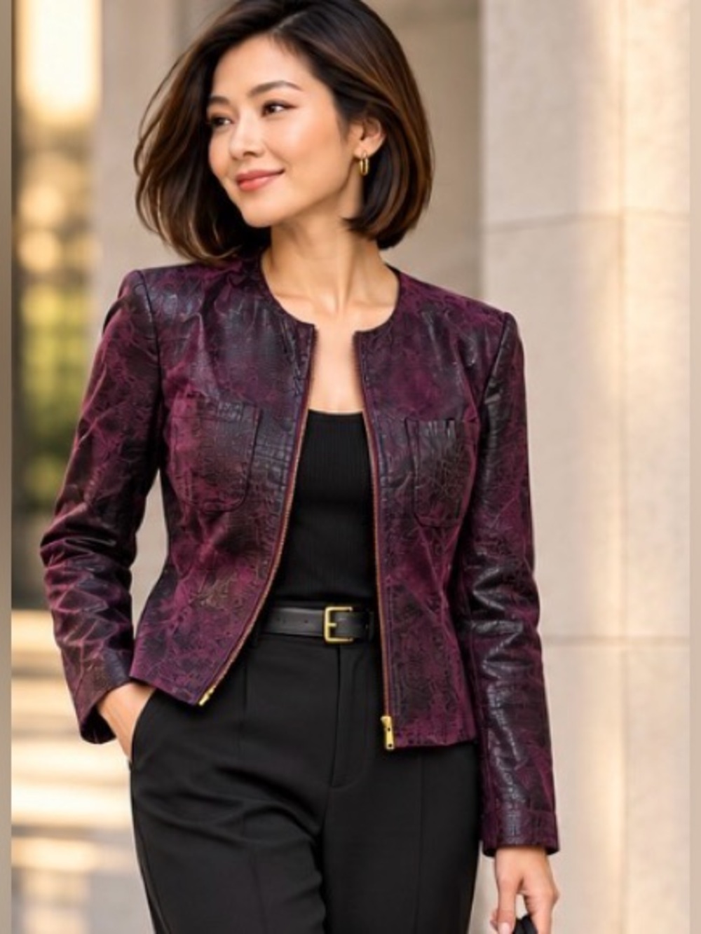 Maggy London Burgundy Croc Embossed Faux Leather Jacket. 2 pockets. Size 4